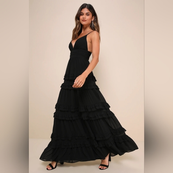 NWOT Lulus Lavish Perfection Black Ruffled Tiered Maxi Dress - Picture 4 of 6